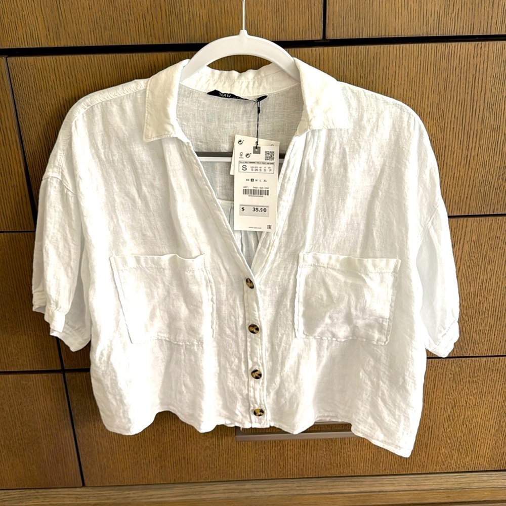 NWT Zara White 100% Linen Chic S/S Cropped Top, Size S
